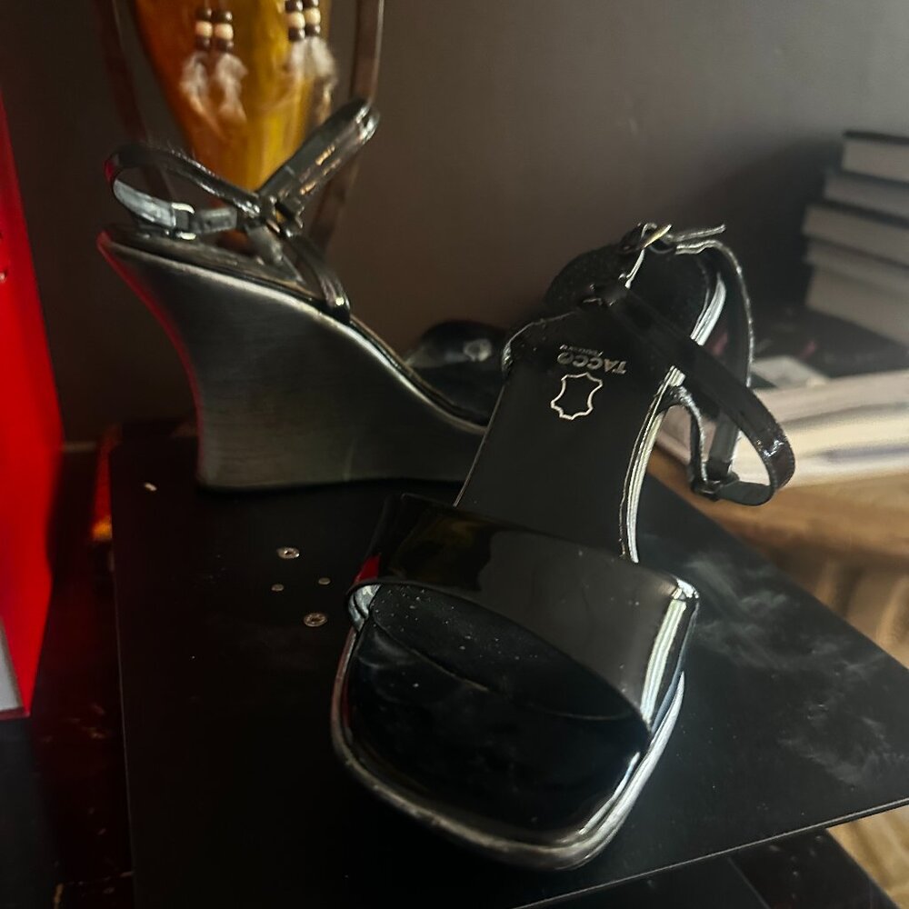 Stuart Weitzman Black Patent Leather Strappy Wedge